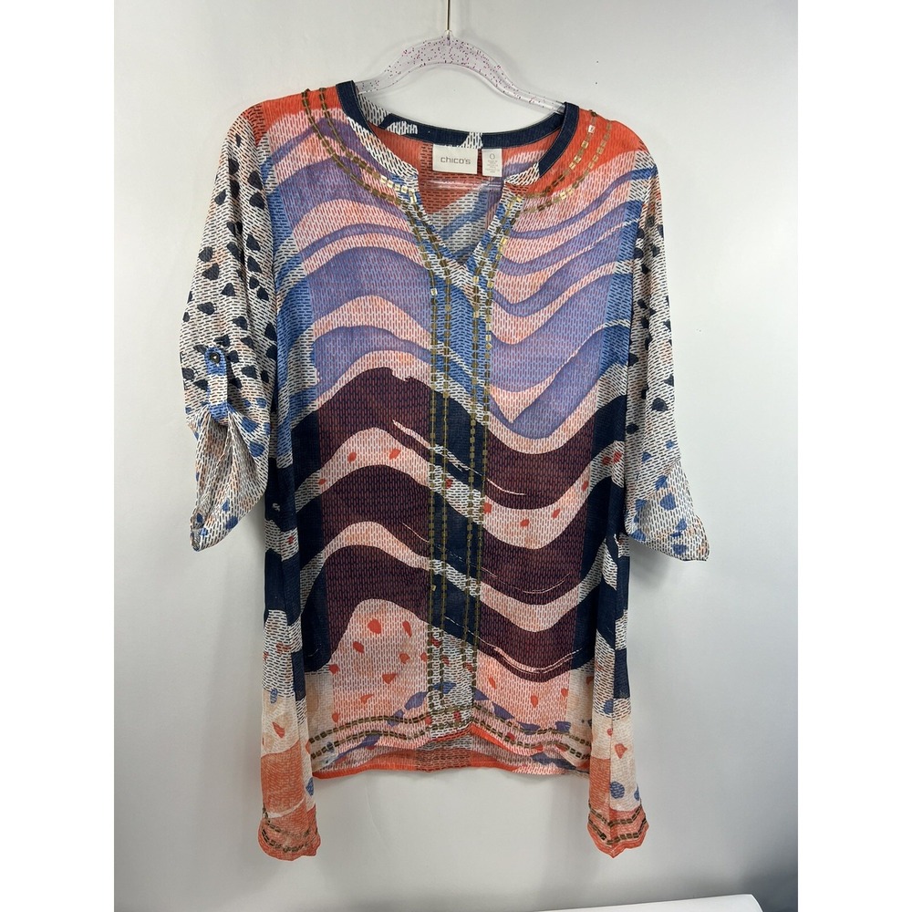 Chico's Blouse Women's Sz‎ 0 Multicolor Sequins Asymmetrical Roll Tab Sleeves